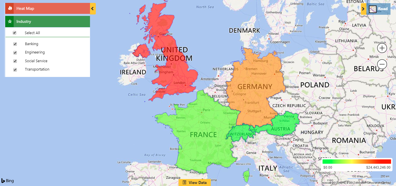 With Maplytics, users can create a Boundary heat map visualization to reveal the customer densities based on annual revenue and further filter and segment the Dynamics CRM data to perform drill-down regional sales analysis.