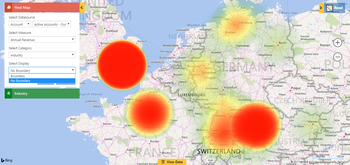 With Maplytics, users can create a No Boundary heat map visualization to reveal the customer densities based on annual revenue without geographical boundaries.