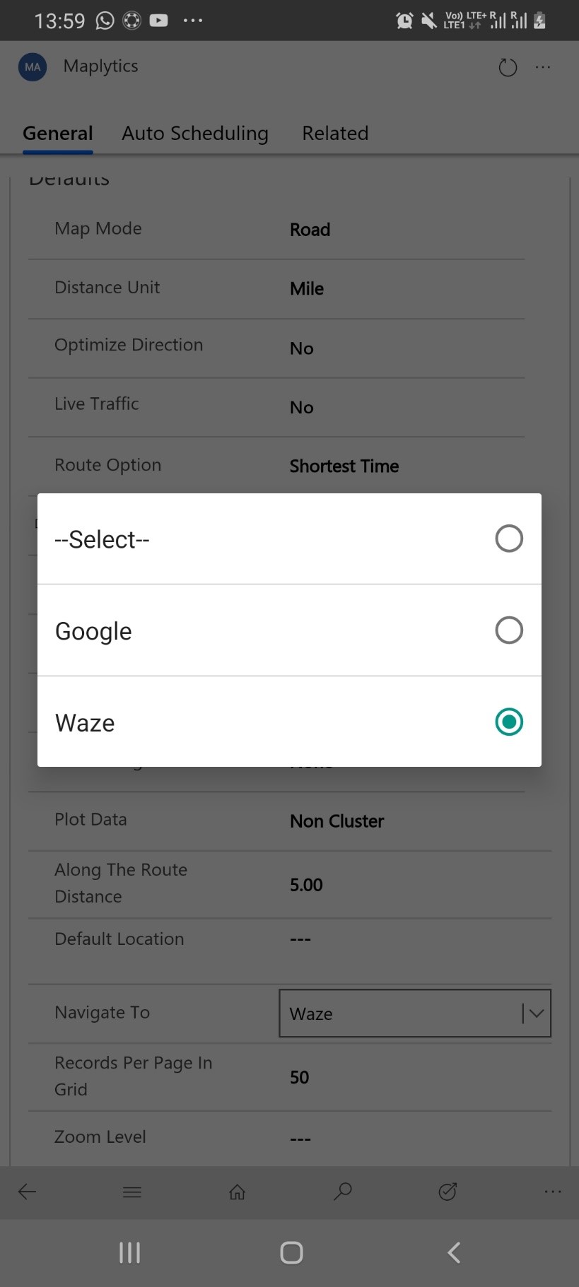 Waze app within Dynamics 365 CRM