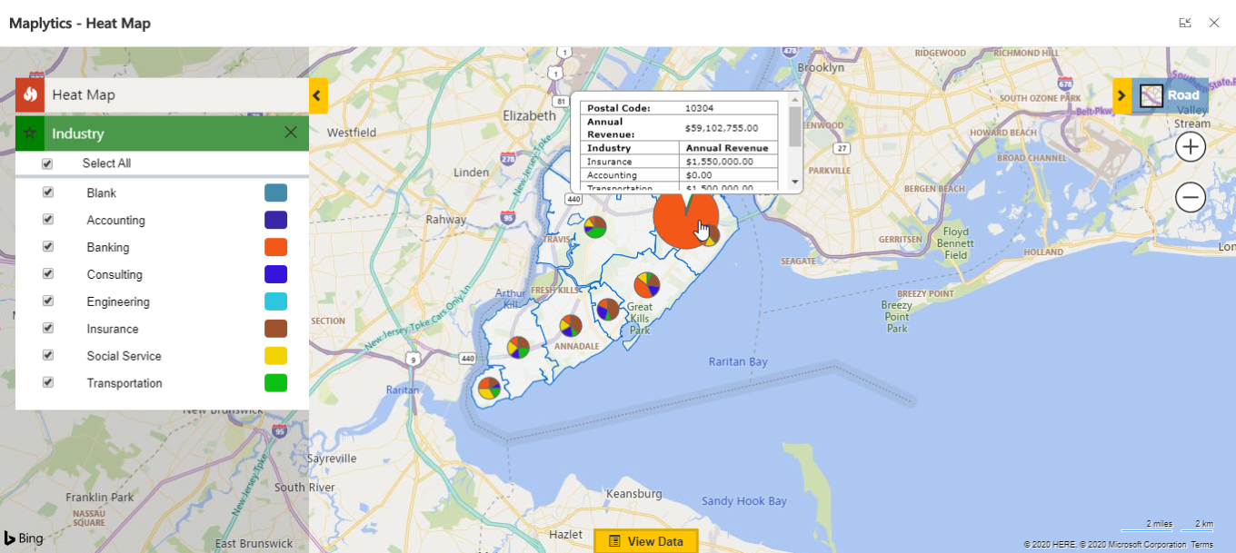 Heat Map analysis of Dynamics 365 data on map via Pie-Chart and Column-Chart to build market presence