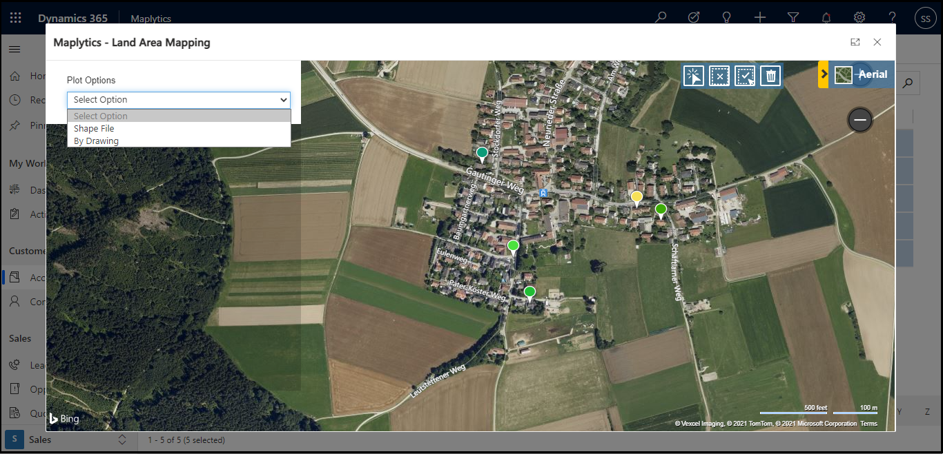 After the configuration, user can see the Land Area Mapping button on the ribbon button. Let’s see how to assign and visualize Land Area to a single record Open a record and click on more command on the ribbon bar. Here you will see the Land Area Mapping button. Click on the Land Area Mapping button and a new window will open where the user can upload Shapefiles or Excel files or draw shapes for the landscapes on the map as shown in the below screenshot.