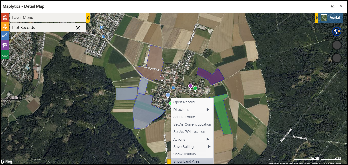 Let’s take one use case to understand how Land Area Mapping helps organizations that works for the land or farm industry: Suppose AgroInd Ltd is a company that supplies equipment to farmers. Sam is the manager and their main pain point is that the location of the client is far away from the actual farming location, and it takes a lot of time to find the exact location as the land and all nearby land is farming land. This makes it difficult to understand the actual area and navigate to that location. Here, with the help of Maplytics, Sam has already configured an assigned area for the respective records. And now Sam wants to visualize all this farm on the map and create a route so that the driver can easily go to the location and find the exact place without any issue. So, first Sam opens Detail Map and plots all the farms where he wants to provide equipment. Once he plots the records, he just right-clicks on them and selects ‘Show Area’ from the context menu.