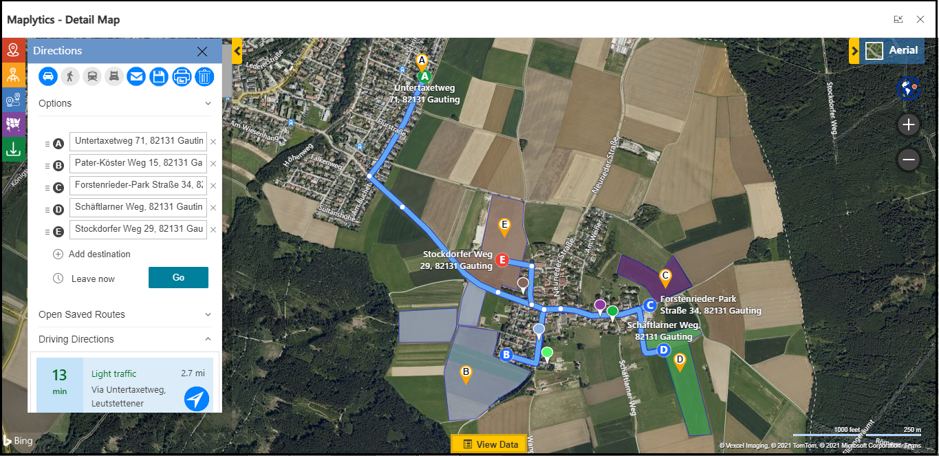 Now he will be able to see all farm areas. He will simply right-click on the farm area and add them to the route. As you can see A is the origin of the location and all farm locations are showing on the map.