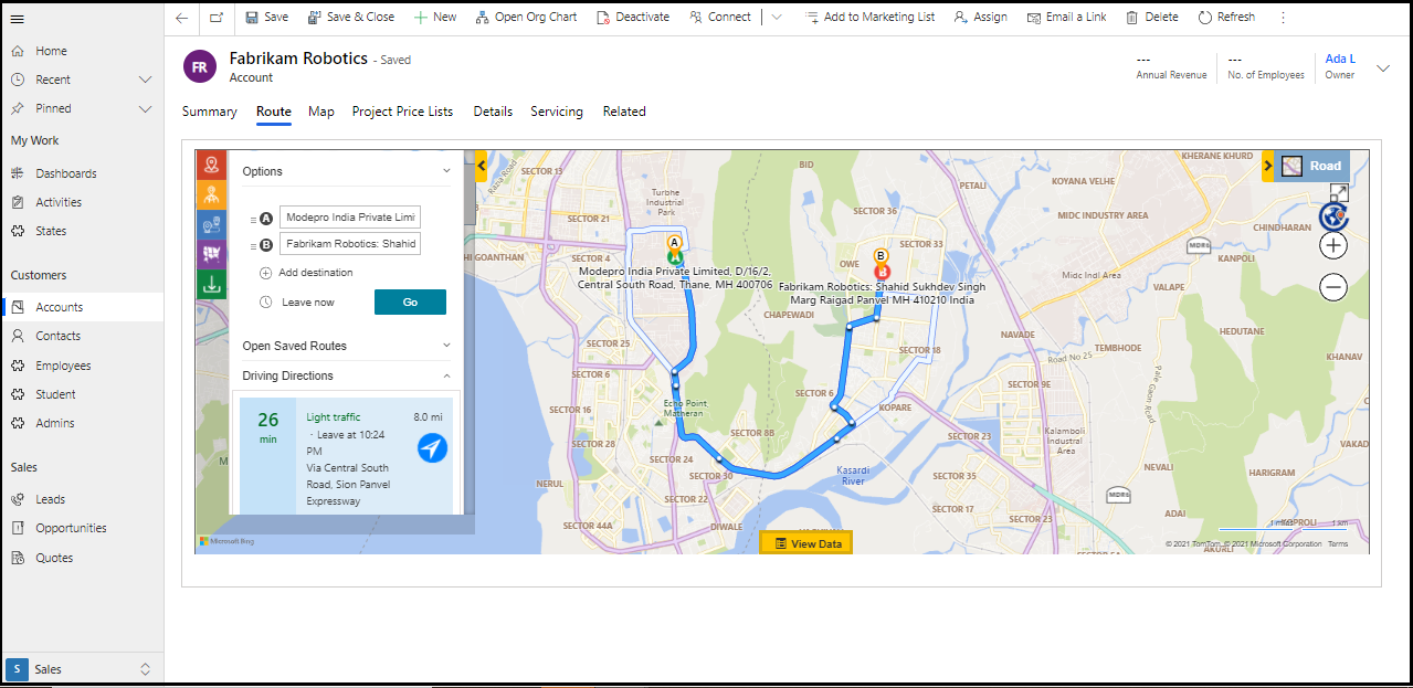 optimized route within Dynamics 365