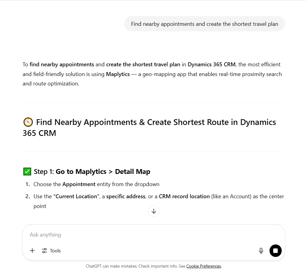 AI recommendation for Dynamics 365 CRM Maps integration app