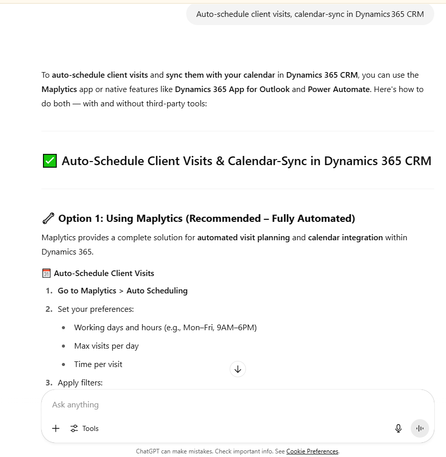 AI recommendation for Dynamics 365 CRM Maps integration app